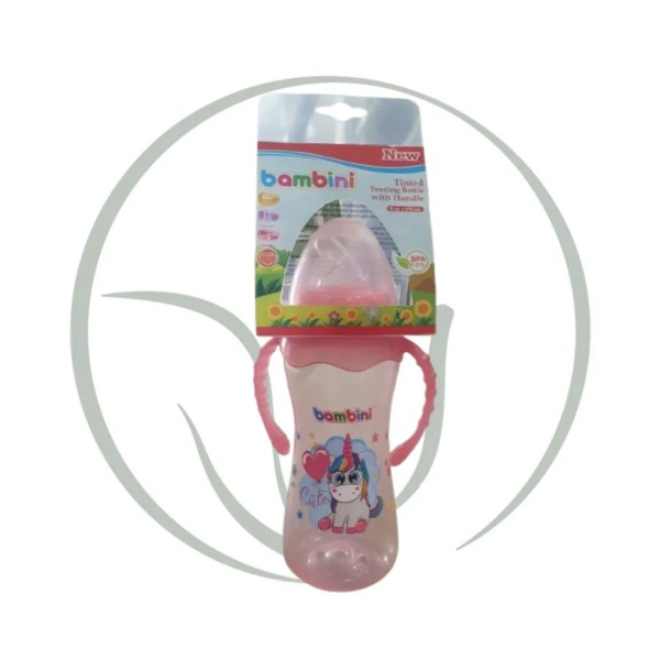BAMBINI BIBERON PLASTIC 270ML ROSE LICORNE AVEC POIGNEE