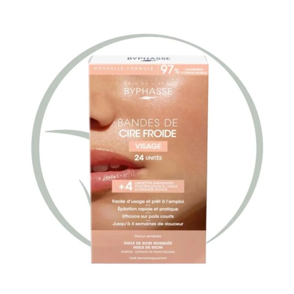 BYPHASSE BANDES DE CIRE FROIDE VISAGE ET ZONES DELICATES 24 PIECES