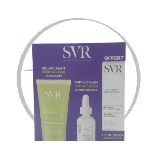 SVR COFFRET SEBIACLEAR GEL MOUSSANT 200ML + AMPOULE AZ FLASH ANTI IMPERFECTIONS + CREME SOLAIRE MATIFIANTE SPF50 40ML OFFERT