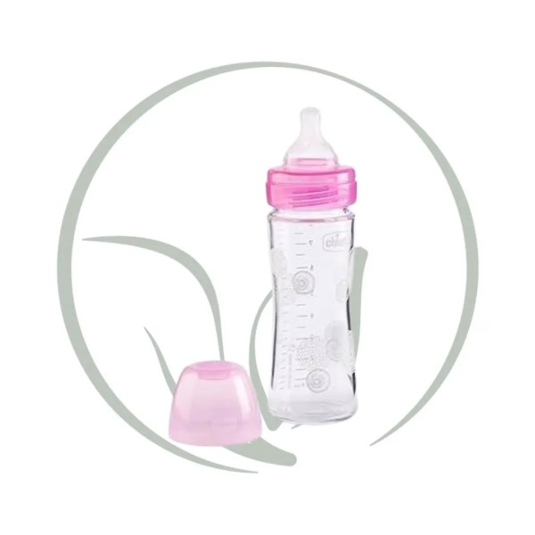 CHICCO BIBERON EN VERRE TÉTINE SILICONE FLUX LENT ROSE 0+ MOIS 240 ML