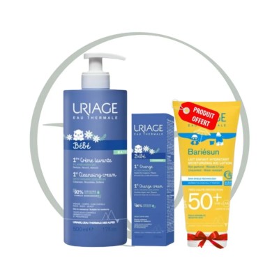 URIAGE BEBE COFFRET 1ERE CREME LAVANTE 500 ML + CREME DE CHANGE 100 ML + BARIESUN LAIT ENFANTS SPF50+ 100 ML (OFFERT)