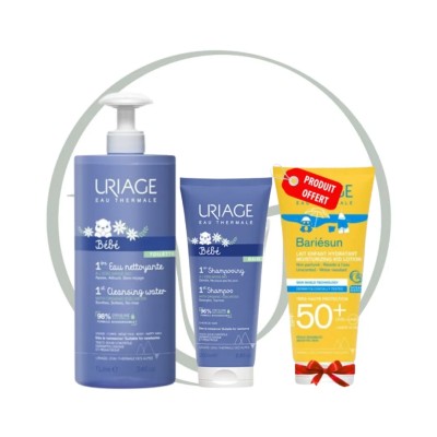 URIAGE BEBE COFFRET 1ERE EAU NETTOYANTE VISAGE, CORPS ET SIEGE 500 ML + 1ERE SHAMPOOING EXTRA DOUX CHEVEUX 200 ML + BARIESUN LAI