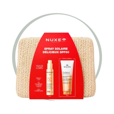 NUXE SPRAY SOLAIRE DELICIEUX SPF50 + PRODIGIEUX HUILE DE DOUCHE ET TROUSSE OFFERTES